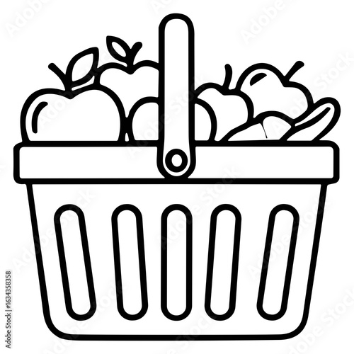 Minimalist Outline Market Basket Filled With Fresh Fruits Illustration