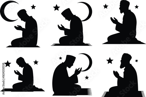 Silhouettes of Muslim men praying, Islamic worship illustration with crescent moon and star symbols, religious devotion vector art