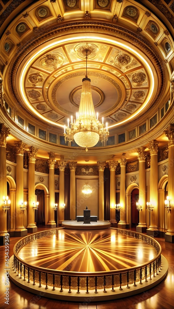 Obraz premium Grand ornate hall with a gilded chandelier and circular platform