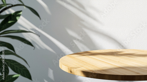 Wooden Round Table with Plant Shadows on White
