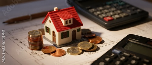 Miniature house with coins and calculators on architectural plans, symbolizing property investment and financial planning.