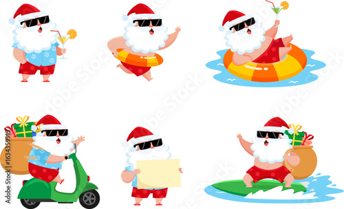 Summer Santa Claus In Different Poses. Vector Flat Design Collection Set Isolated On Transparent Background