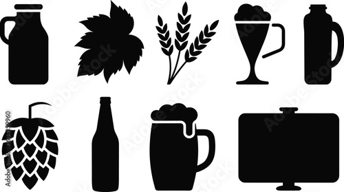 Beer brewing and drinking black silhouette icons, bottle, mug, hop, barley, pint glass, flask, beverage vector illustration set