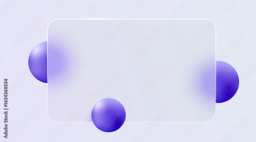 Website landing page template in glass morphism style. Frosted glass partition with floating spheres. Vector illustration