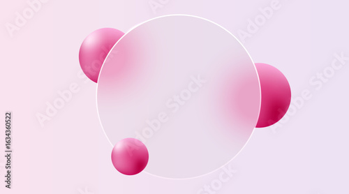 Website landing page template in glass morphism style. Frosted glass partition with floating spheres. Vector illustration