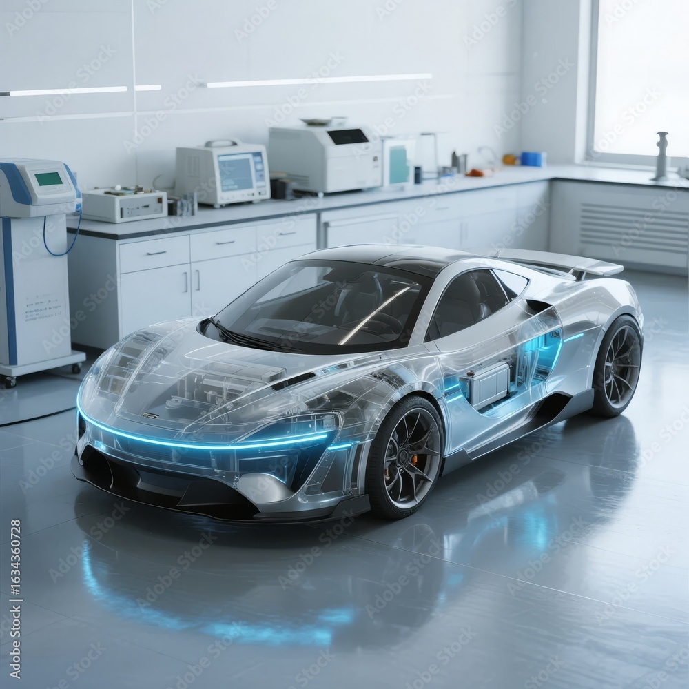 Obraz premium Futuristic Transparent Sports Car in a Laboratory Setting