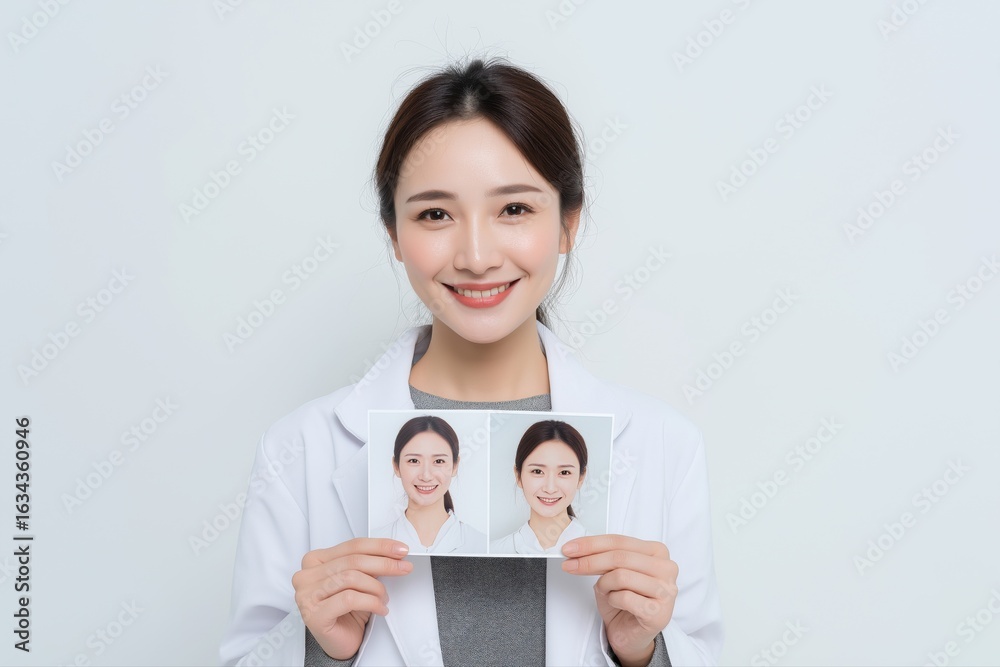 Smiling professional holding before and after photos, showing cosmetic procedure results Smiling professional holding before and after photos, showing cosmetic procedure results