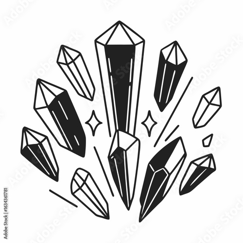 Crystals Illustration with Geometric Facets and Sparkling Details. Minimalist Line Art Design for Spiritual or Mystical Themes.
