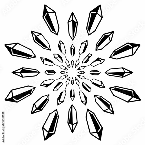 Crystals Arranged in a Radial Pattern, Geometric Design with Faceted Shapes, Black and White Illustration. and Monochrome