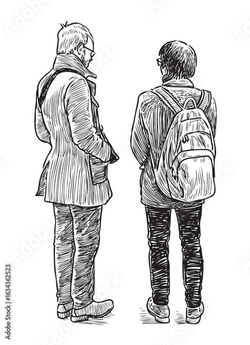Two young modern casual city men friends standing talking, realistic sketch, vector hand drawing, white background