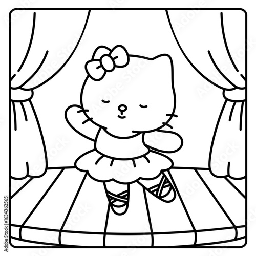 A cute little cat shows off her ballet skills on stage, easy coloring for kids, vector, illustration, coloring book, coloring page, cozy, cute, bold, comfy, pet