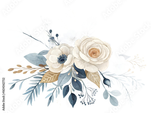 Elegant Watercolor Floral Arrangement with White Roses and Blue Accents for Wedding Invitations and Decorative Design Elements