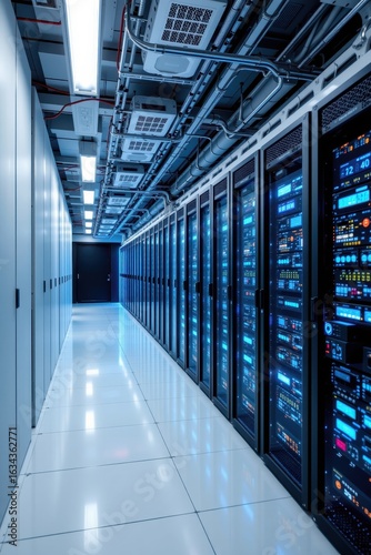 Modern Data Center Corridor with High-Tech Server Racks and Cool Lighting