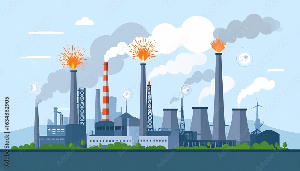Obraz premium Flat vector of steel factory with orange sparks flying and heavy gray smoke rising, factory silhouettes layered with air quality and pollution warning icons.