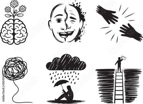 Brain growth, dual face, helping hands, tangled mind, rain, ladder climb