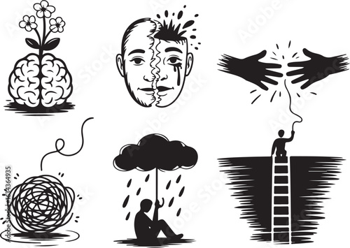 Mental health concepts: growth, breakdown, support, and struggle.