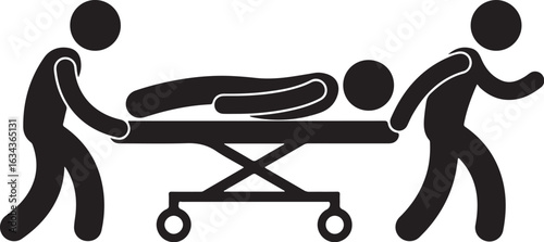 Vector art of stick figures transporting patient on stretcher isolated on white background