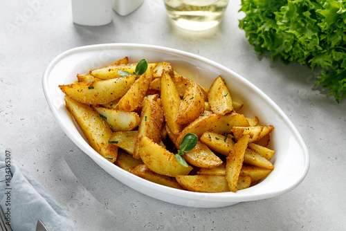 Baked potato wedges in white baking dish. Roasted potatoes with herbs and spices. Dinner idea. Copy space for text.