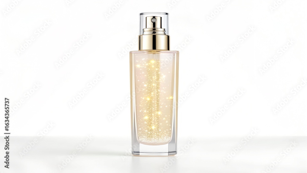 Fototapeta premium Luxury perfume bottle with sparkling golden liquid, elegance and beauty concept