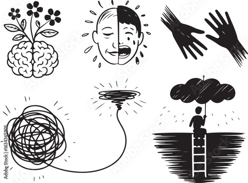 Brain growth, emotional change, helping hands, struggle, and hope symbols