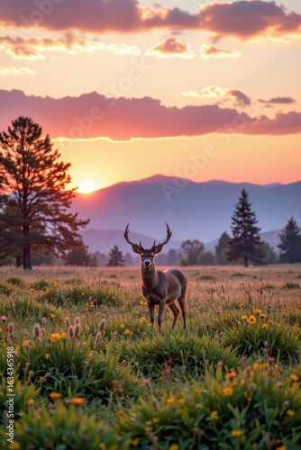Majestic Deer Framing Sunset in Misty Meadow Landscape
