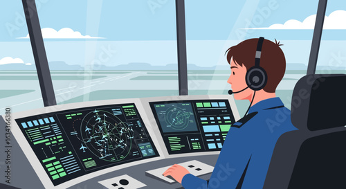 Vector Illustration of Air Traffic Controller in Tower Modern Style