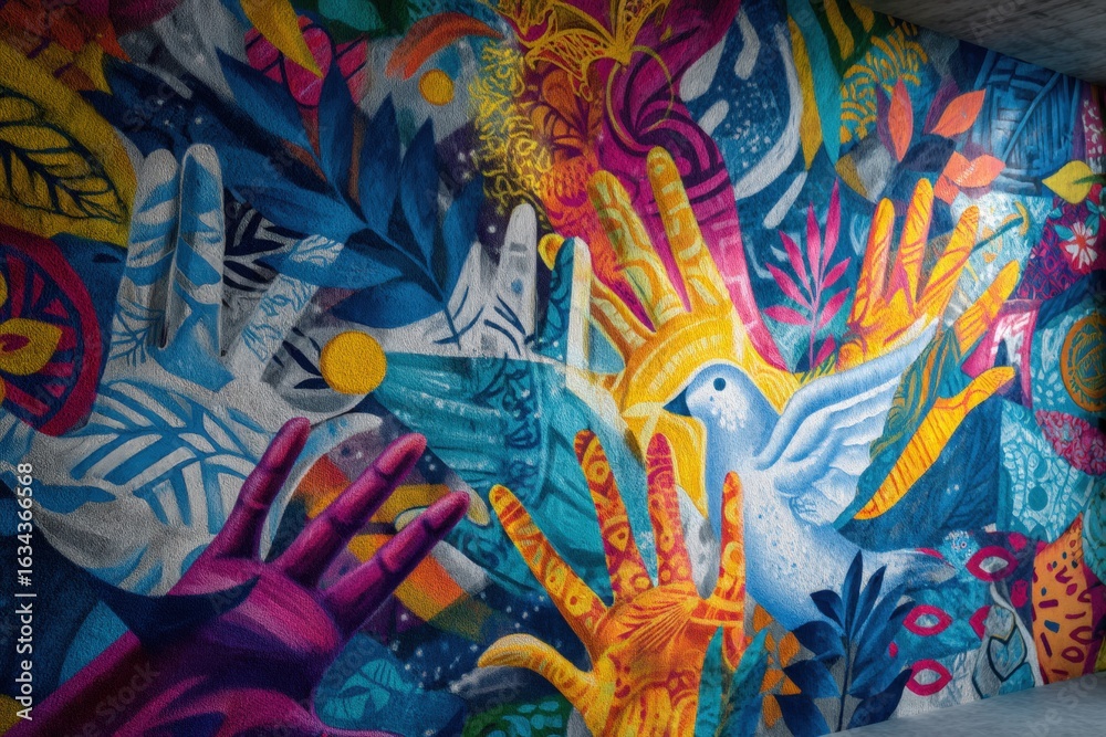 Fototapeta premium Abstract colorful mural of ASEAN unity on wall of rebuilt building, no text, peace theme with hands and dove shapes.