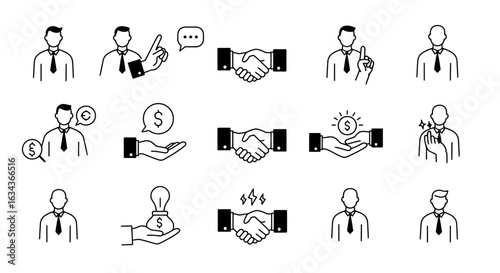 Business icon set featuring handshake symbols, investment strategies and corporate leadership