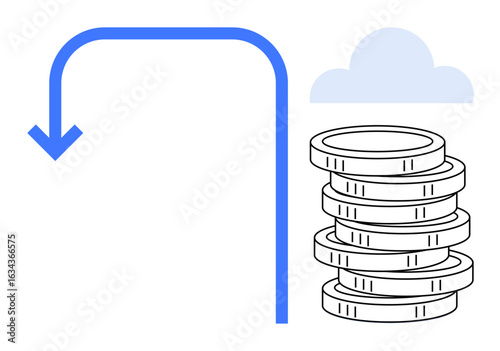 Blue arrow curves towards a stack of coins with a soft cloud above, representing savings, investments, cloud computing, financial growth, wealth management, digital transformation, simple flat