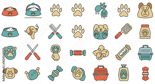 Collection of linear cartoon vector dog accessories, providing a comprehensive overview