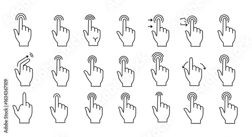 Set of vector hand gesture icons with touch screen finger symbol and different actions