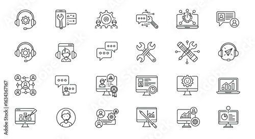 Collection of support service line icons for online assistance and maintenance