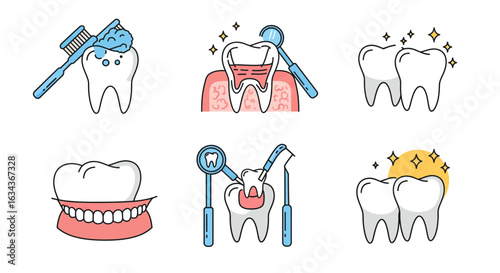 Collection of dental care themed cartoon icons illustration for oral health