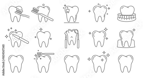 Dental care and hygiene icons set in outline style, a collection of various teeth