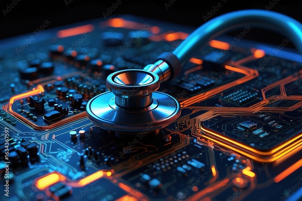 Obraz premium Stethoscope resting on a complex computer circuit board with glowing orange pathways