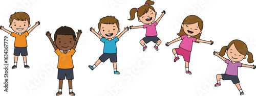 Diverse Group Of Happy Children Jumping With Arms Raised On White Background Keywords: children, kids, jumping, happy, joy, excitement, fun, playful, energetic, diverse, multicultural, boys, girls
