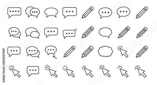 Collection of Simple Outline Icons Related to Communication and Interaction, User Interface