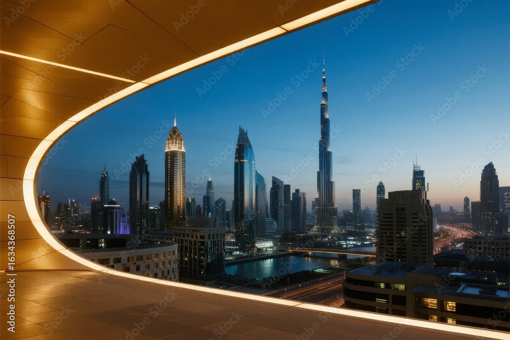 Fototapeta premium Dubai Skyline at Dusk with Modern Architecture and Illuminated Skyscrapers