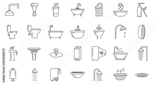 Collection of bathroom fixture line art icons, suitable for interior design, plumbing services