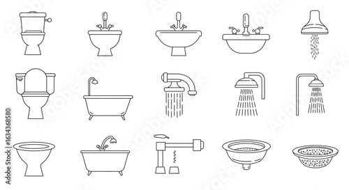 Collection of minimalist bathroom fixture icons depicting common sanitary ware equipment