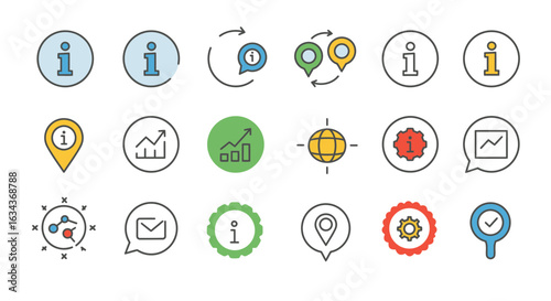 Collection of colorful vector icons representing information, business and communication