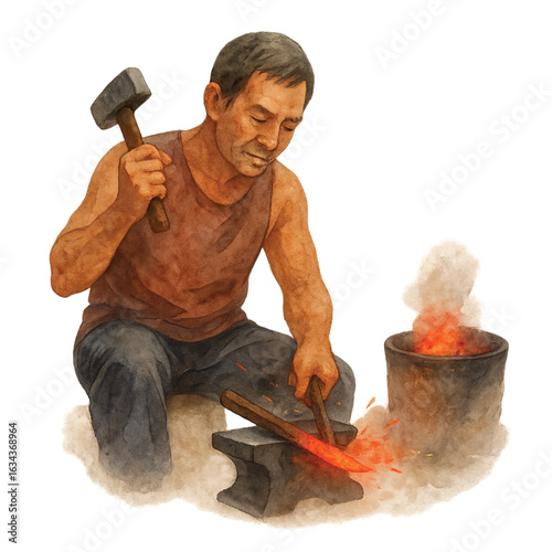 Thai Blacksmith Forging Knife – Watercolor PNG