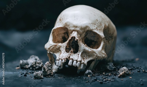 A detailed view of a human skull resting on a dark surface with scattered rocks and dirt, capturing a moody and atmospheric ambiance in subdued lighting