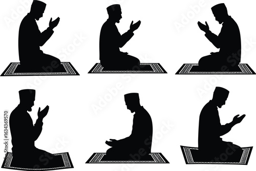Silhouette of Muslim man praying on prayer rug in various poses, Islamic worship and spiritual devotion