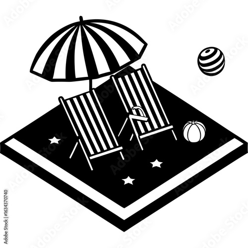 Beach scene with chairs and umbrella summer time silhouette vector illustration