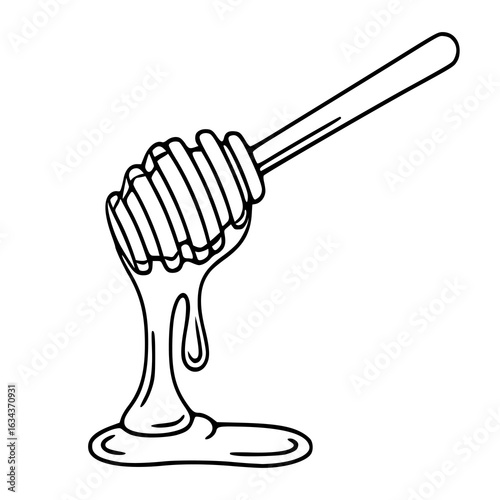 A vector illustration of a honey dipper with dripping honey, showcasing a simple line art style with a focus on the smooth curves and texture of the honey flow.