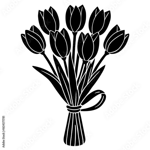 Bouquet of tulips tied with ribbon black silhouette vector illustration