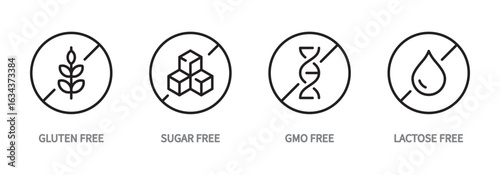 Allergen free icon set. Gluten free, sugar free, gmo free, lactose free symbol. Allergen food and products sign. Vector illustration. Editable stroke. Flat design. Isolated on a white background.