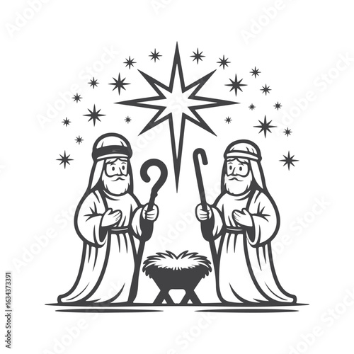 Shepherds gazing at the star nativity scene manger