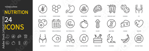 Nutrition icon set. Gluten free, sugar free, meat, fit, blueberry, meal schedule, eco products, adiposity, fried egg, nutritionist, lactose free, calories, etc. Vector illustration. Editable stroke.